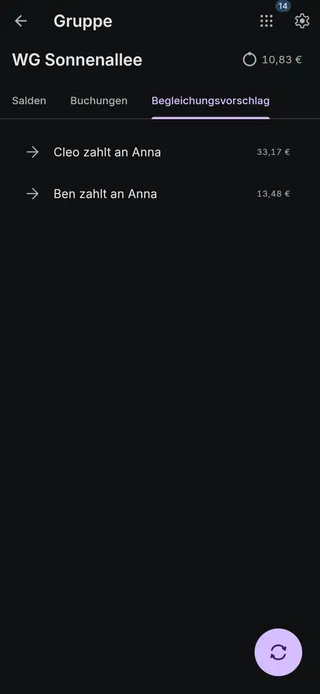 OmiSplit-Screen: Begleichungsvorschlag mit zwei Zahlungen – Cleo und Ben zahlen an Anna