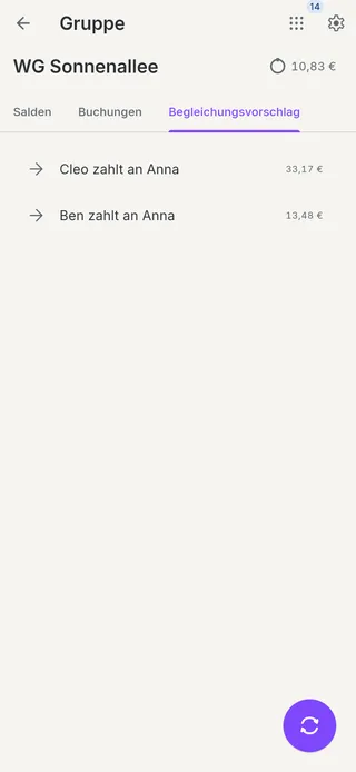 OmiSplit-Screen: Begleichungsvorschlag mit zwei Zahlungen – Cleo und Ben zahlen an Anna