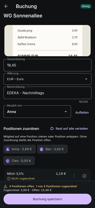 OmiSplit-Screen: Buchung mit fotografiertem Kassenbon, Gesamtbetrag 19,45 € und Positionen, die den Mitgliedern zugeordnet werden