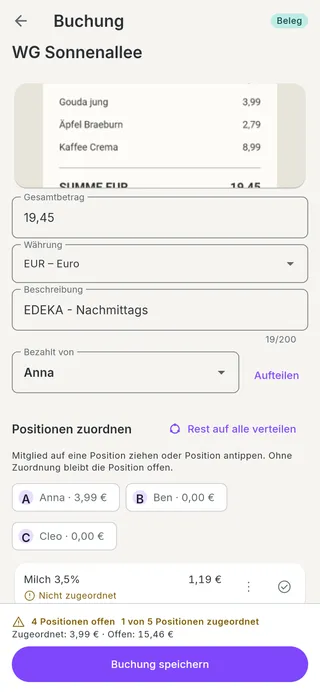 OmiSplit-Screen: Buchung mit fotografiertem Kassenbon, Gesamtbetrag 19,45 € und Positionen, die den Mitgliedern zugeordnet werden